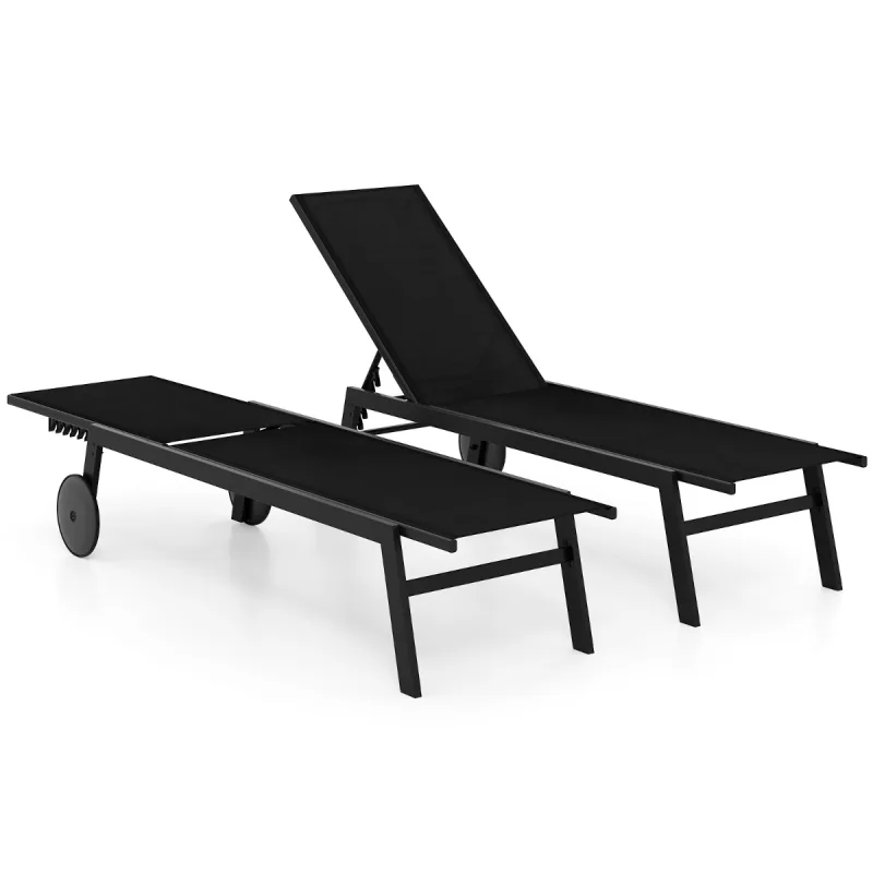 Costway Juego de 2 Tumbona de Exterior con Respaldo Ajustable en 6 Posiciones Silla Reclinable para Piscina Terraza y Jardín Negro