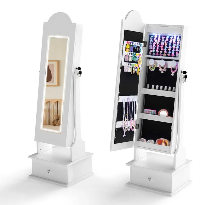 Costway Armario para Joyas Infantil con Espejo de Cuerpo Completo y 2 Ángulos Ajustables 4 Luces Interiores Joyero para Princesas Blanco