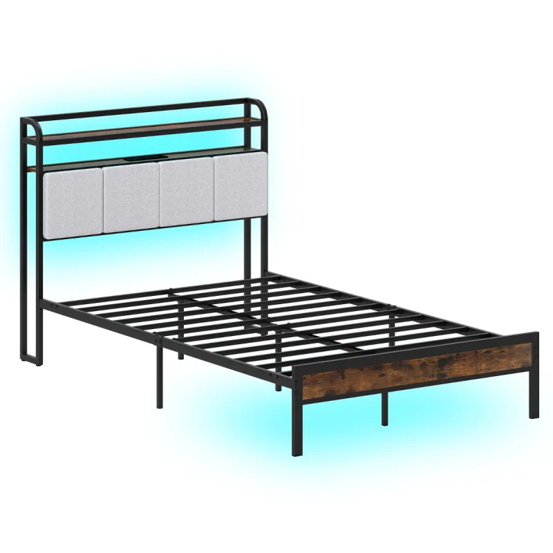 Costway Estructura de Cama de Tamaño King con Luz LED y Estación de Carga Plataforma de Cama de Metal con Cabecero y Almacenaje Soporte de Listones