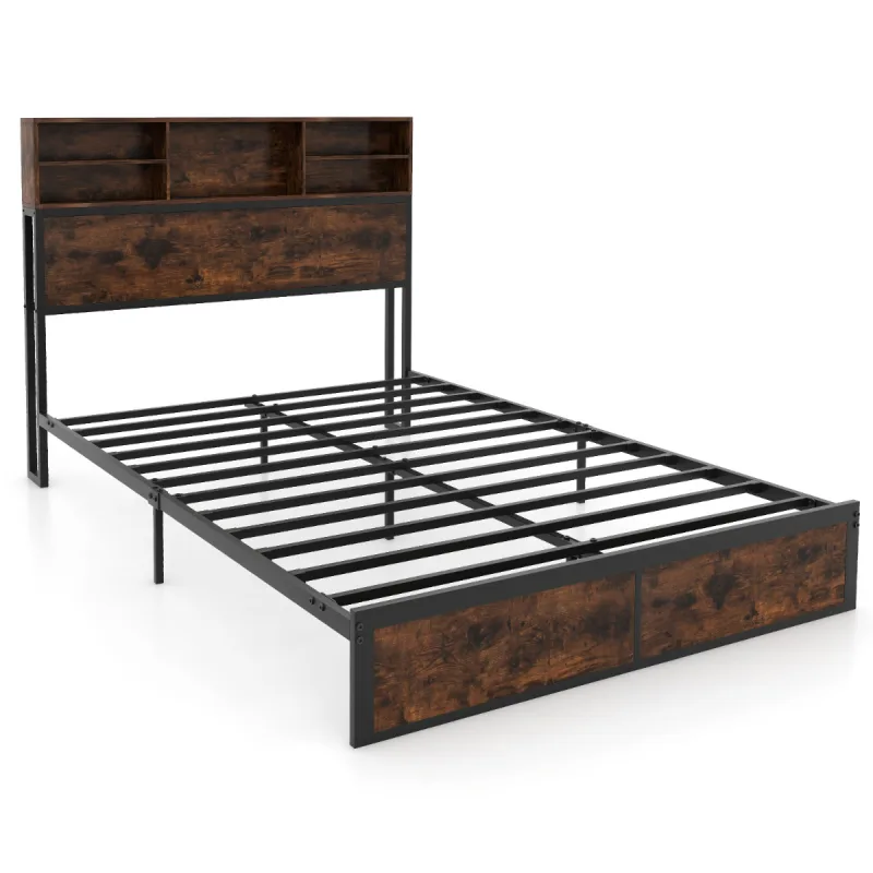 Costway Cama Doble con Estación de Carga Estructura de Cama Metálica con Cabecera de Almacenaje Soporte de Láminas Espacio Bajo la Cama 200 x 140 cm
