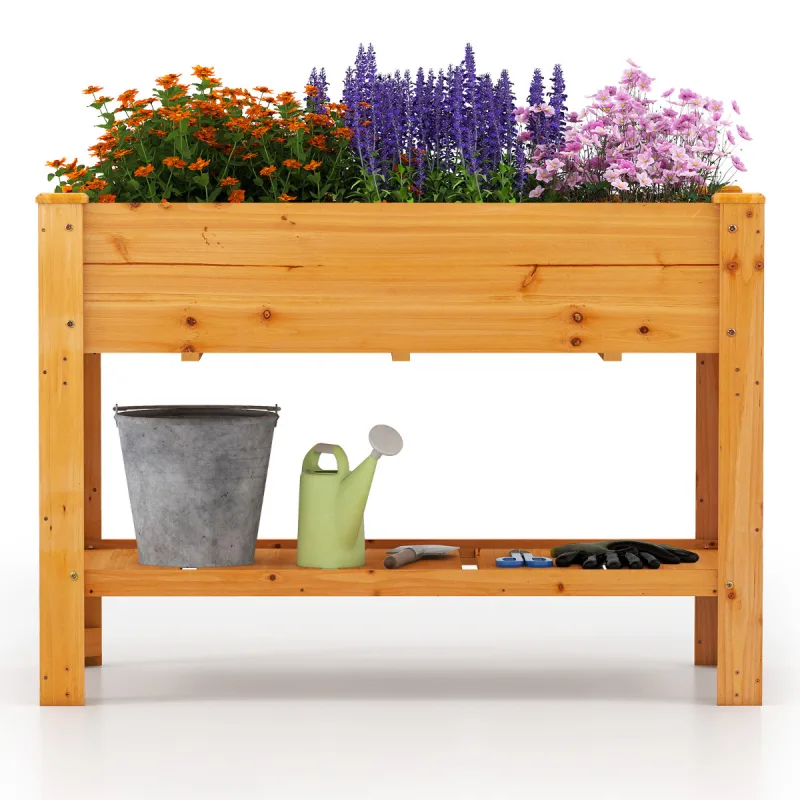 Costway Cama de Jardín Elevada de Madera con Patas Jardinera Elevada con Estante Drenaje Contenedor para Flores Hierbas 120 x 60 x 80 cm