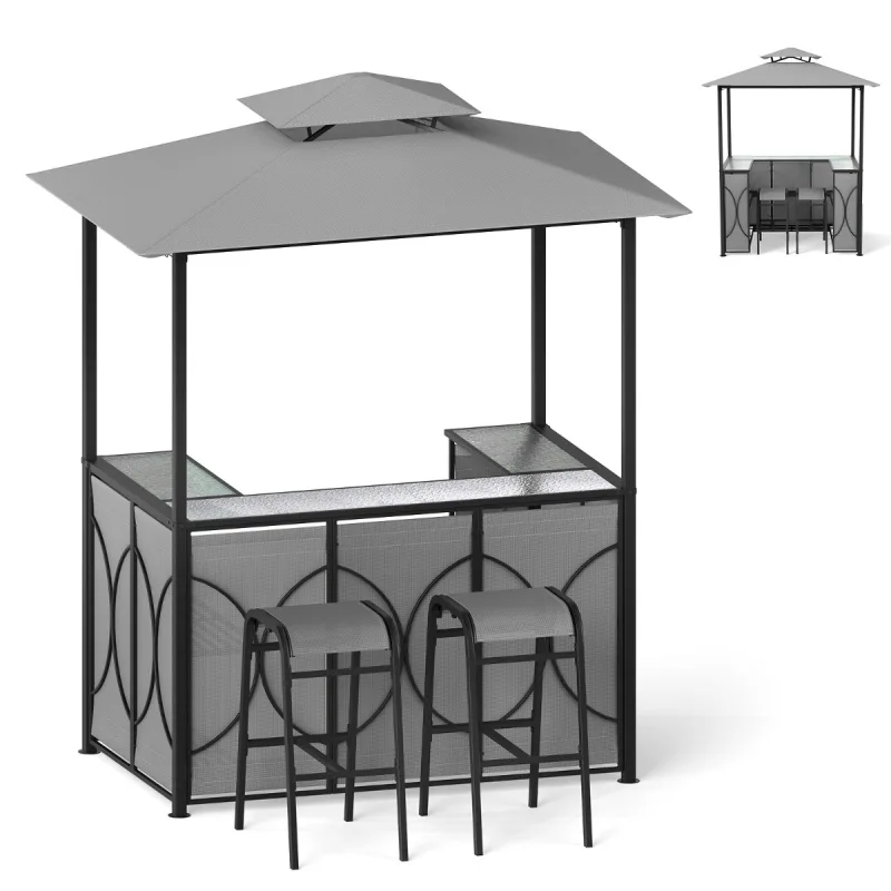 Costway Conjunto de Gazebo para Parrilla 194 x 121 x 242 cm con 2 Taburetes Estante Metálico de 2 Niveles Doble Techo para BBQ