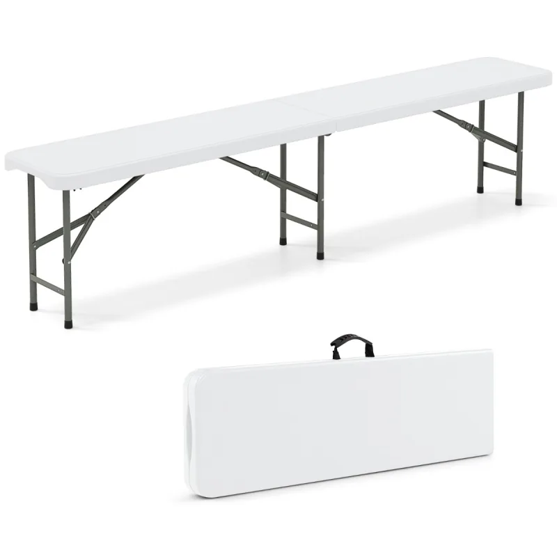 Costway Banco Portátil Plegable de Plástico 180 cm Asiento Largo Reforzado de HDPE con Asa y Cerradura Blanco