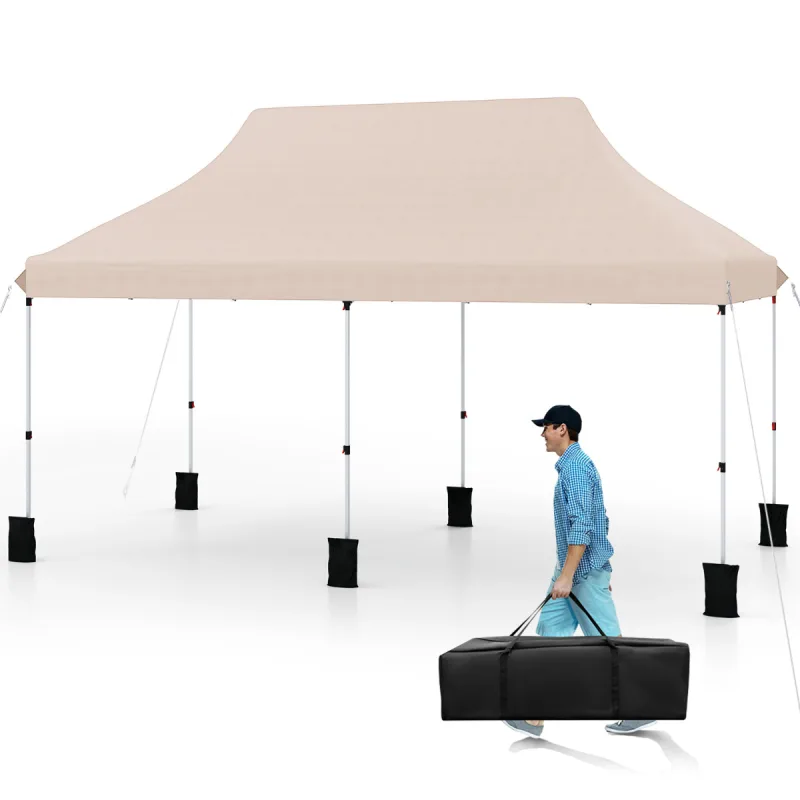 Costway Pabellón de 3 x 6 m con Bolsa de Transporte Pabellón Plegable Carpa para Fiestas con Altura Ajustable Pabellón de Jardín Beige