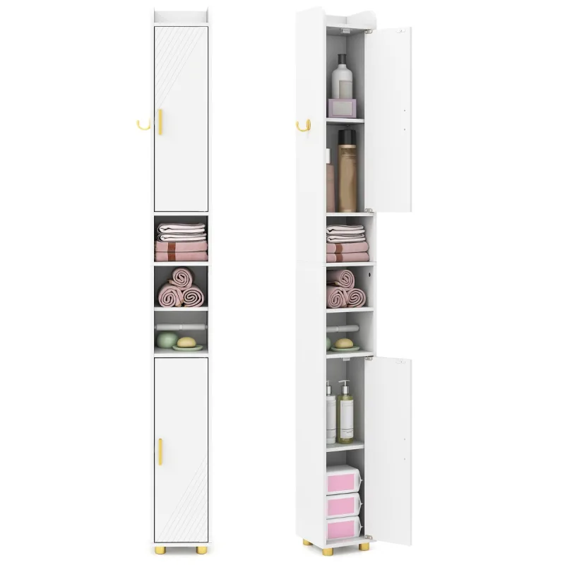 Costway Armario de Baño Alto con Estantes Ajustables Gancho Lateral y Barra y Papel Higiénico para Cocina Entrada 20 x 20 x 179 cm Blanco