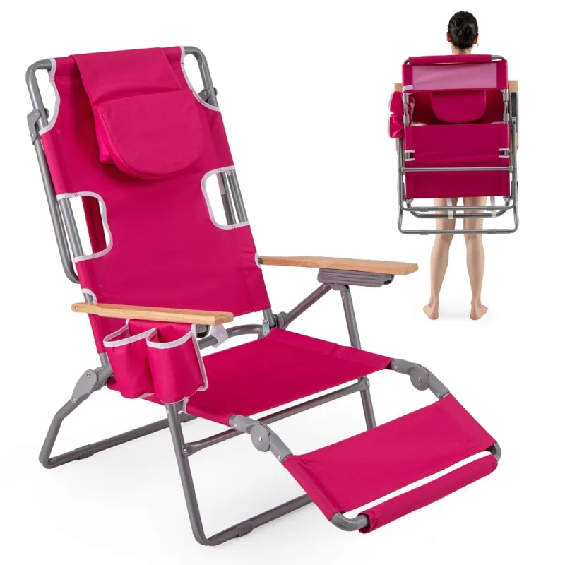 Costway Silla de Playa Plegable 3 en 1 con Agujero para la Cara Reposapiés Respaldo Silla Reclinable Portátil para Jardín Piscina Rosa Oscuro