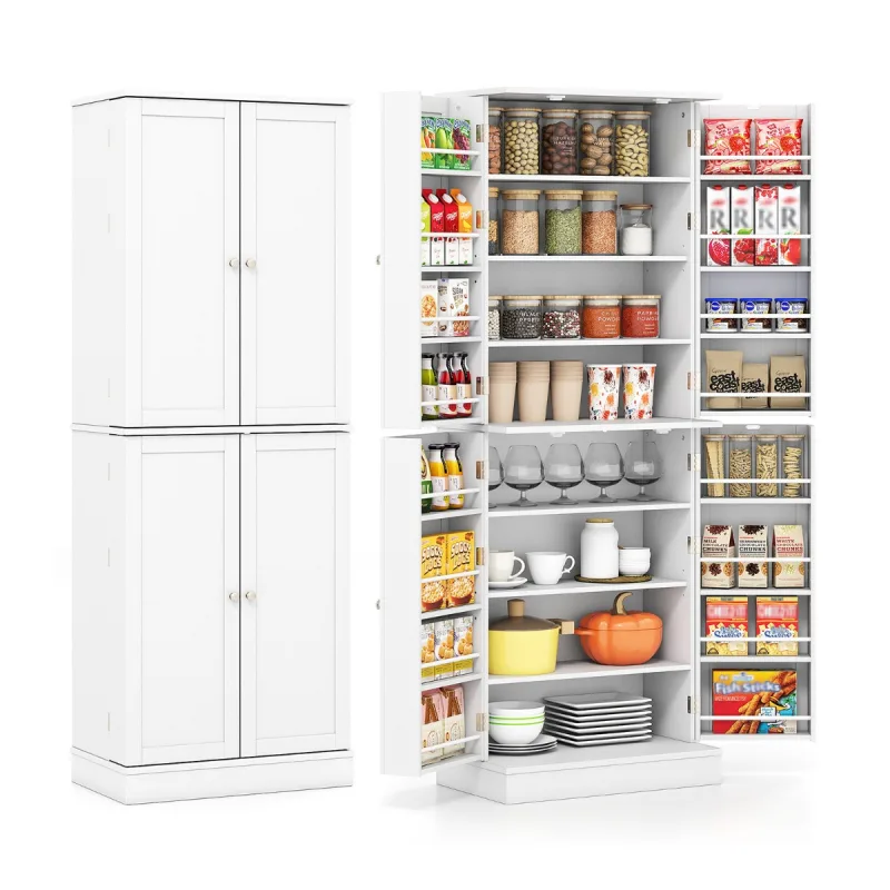 Costway Aparador de Cocina con 2 Armarios de 4 Niveles 16 Estantes en Puertas y 6 Estantes Ajustables para Comedor Estar 60 x 35 x 166,5 cm Blanco