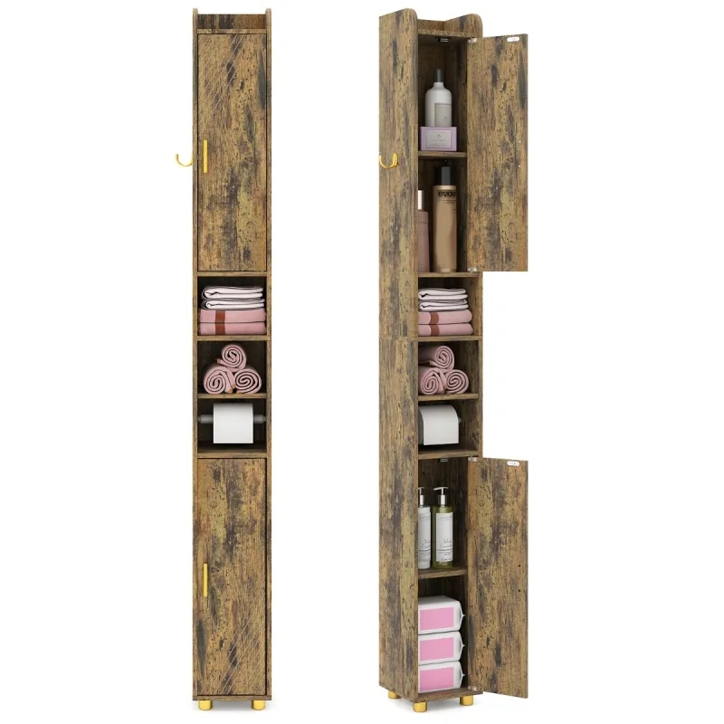 Costway 179 cm Armario de Baño Alto con Estantes Ajustables y Puertas Gancho Lateral y Barra para Papel Higiénico Gabinete de Almacenamiento Marrón
