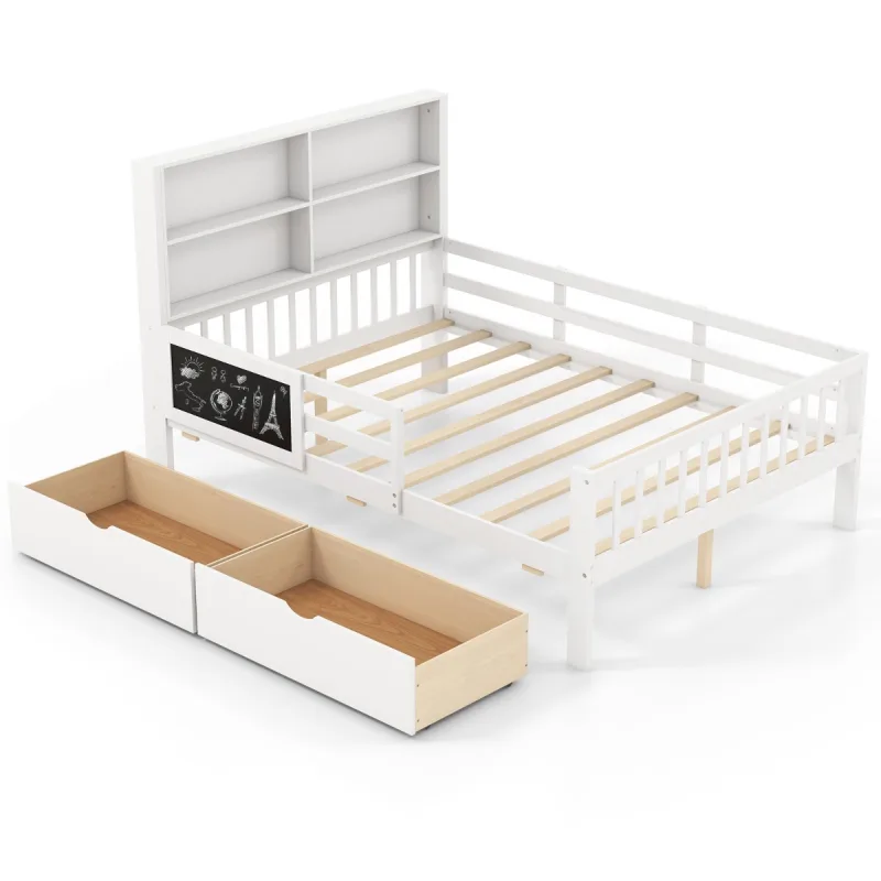 Costway Cama Niños con 2 Cajones 203 x 143,5 x 120 cm Cama Infantil Madera Maciza con Estantería y Pizarra Barandas de Seguridad Blanco