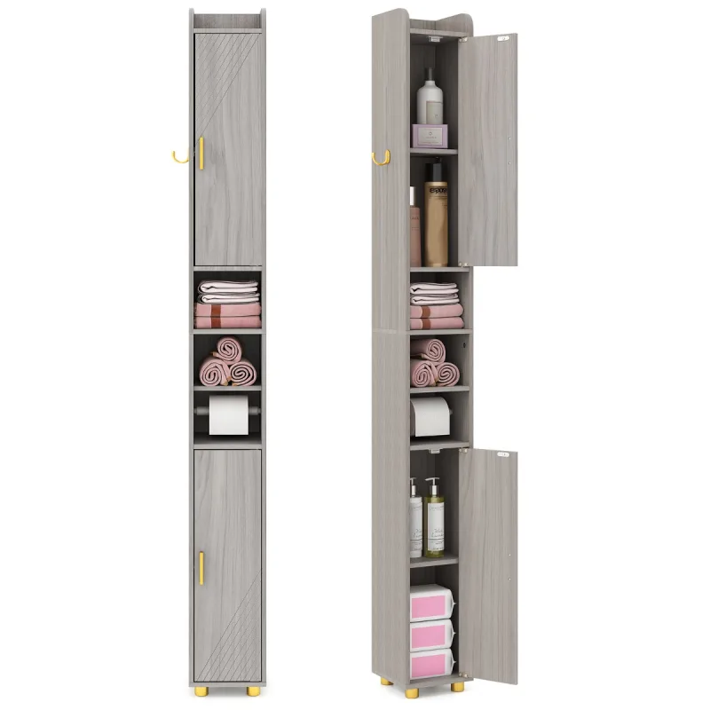 Costway Armario de Baño Alto con Estantes Ajustables Gancho Lateral y Barra y Papel Higiénico para Cocina Entrada 20 x 20 x 179 cm Girs