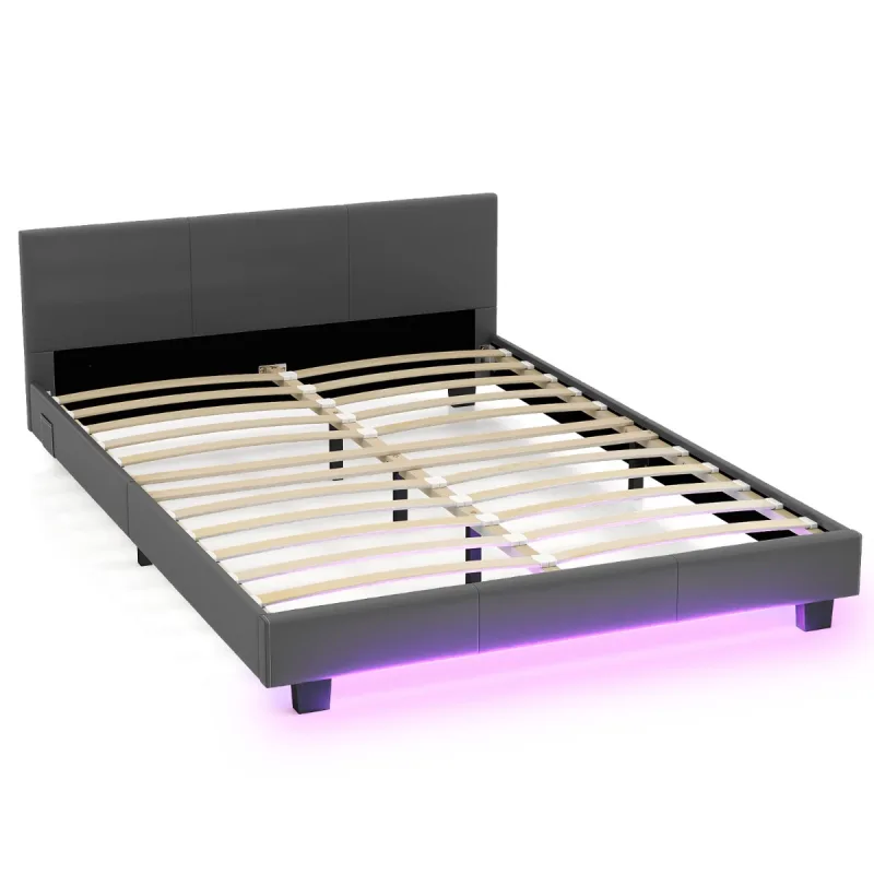 Costway Estructura de Cama Doble con Cabecera y Pie de Cama de Madera Sólida Tiras de Luz LED Control Remoto Muebles de Dormitorio Tapizados Gris