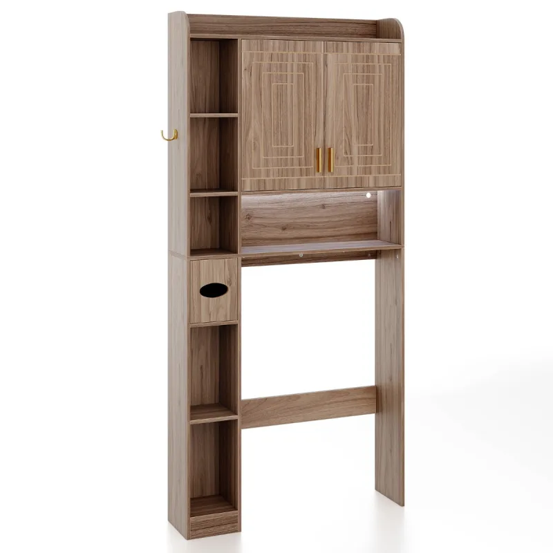 Costway Estante para Inodoro Independiente con Armario 2 Puertas 6 Compartimentos Portapañuelos Gancho y Estante Ajustable para Baño Café