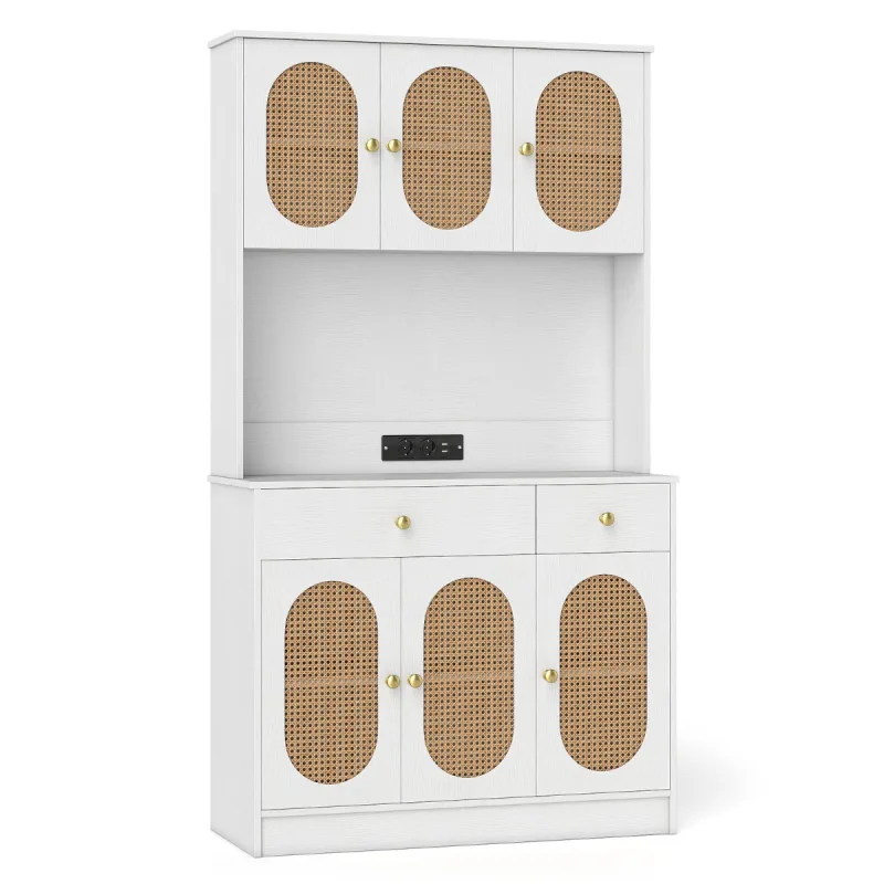 Costway Armario 180 cm con Conejera Estación de Carga 6 Puertas Ratán 2 Cajones 4 Estantes Ajustables Estilo Boho para Salón Comedor Natural