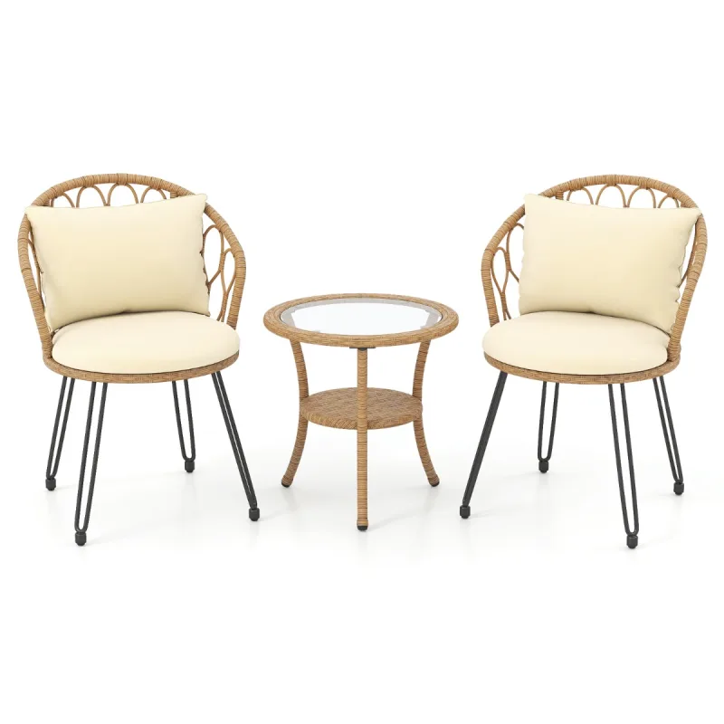 Costway Conjunto de Patio PE Mimbre 3 Piezas con Cojines y Mesa de Café de Vidrio Templado 2 Niveles para Porche Balcón Beige