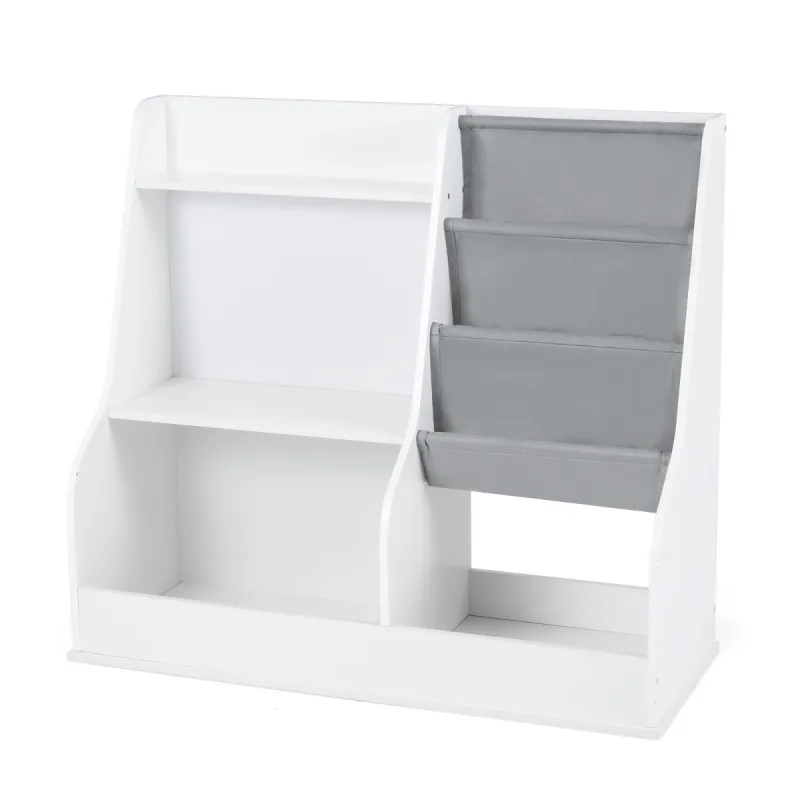 Costway Estantería Infantil 80 cm Madera 3 Niveles Bolsillos Tela Antivuelco Cubículos para Sala Juegos Guardería Blanco