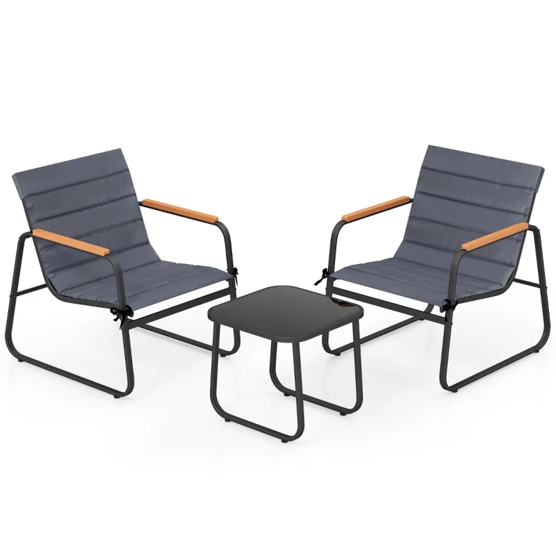 Costway Conjunto de Patio Bistró 3 Piezas con Cojines y Mesa de Centro de Vidrio Templado Sillas para Balcón Césped Jardín y Patio