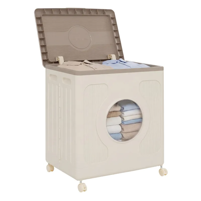 Costway Caja Almacenamiento con Tapa y Ruedas 122 L Ventana Transparente Organizador Plástico para Hogar Dormitorio Caqui