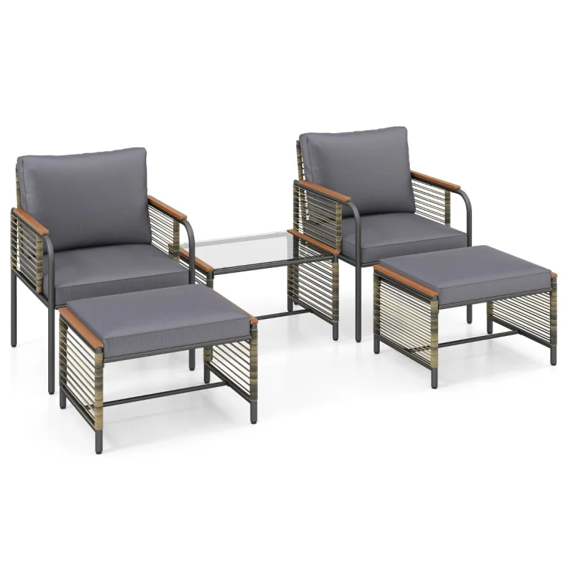 Costway Conjunto de Conversación Exterior 5 Piezas Ratán Cojines 2 Otomanas Mesa Café Vidrio Templado Muebles Patio Balcón Terraza Jardín Gris