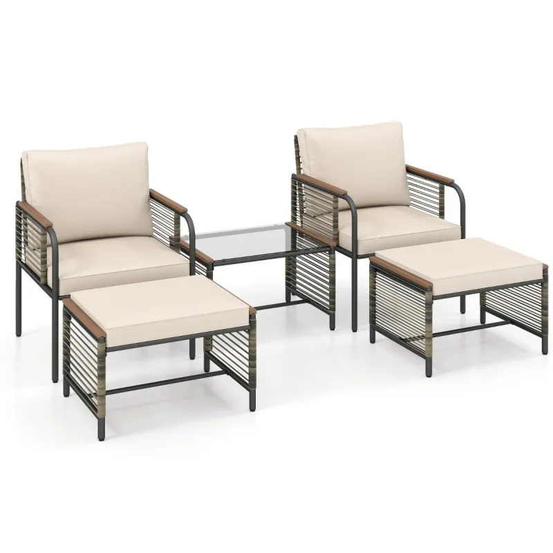 Costway Conjunto de Conversación Exterior 5 Piezas Ratán Cojines 2 Otomanas Mesa Café Vidrio Templado Muebles Patio Balcón Terraza Jardín Beige