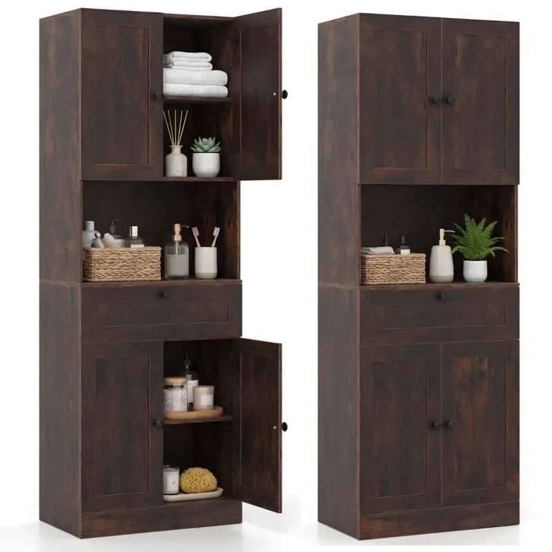 Costway Armario Alto Baño 171,5cm 4 Puertas 1 Cajón Compartimento Abierto 3 Estantes Ajustables Moderno de Madera para Cocina Salón Marrón Rústico