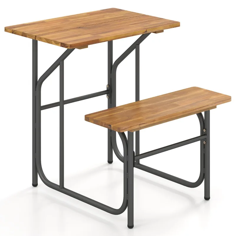 Costway Set de Mesa y Banco de Patio Picnic Lado Único Madera Acacia Patas Metal Mueble Exterior Resistente Balcón Negro y Natural