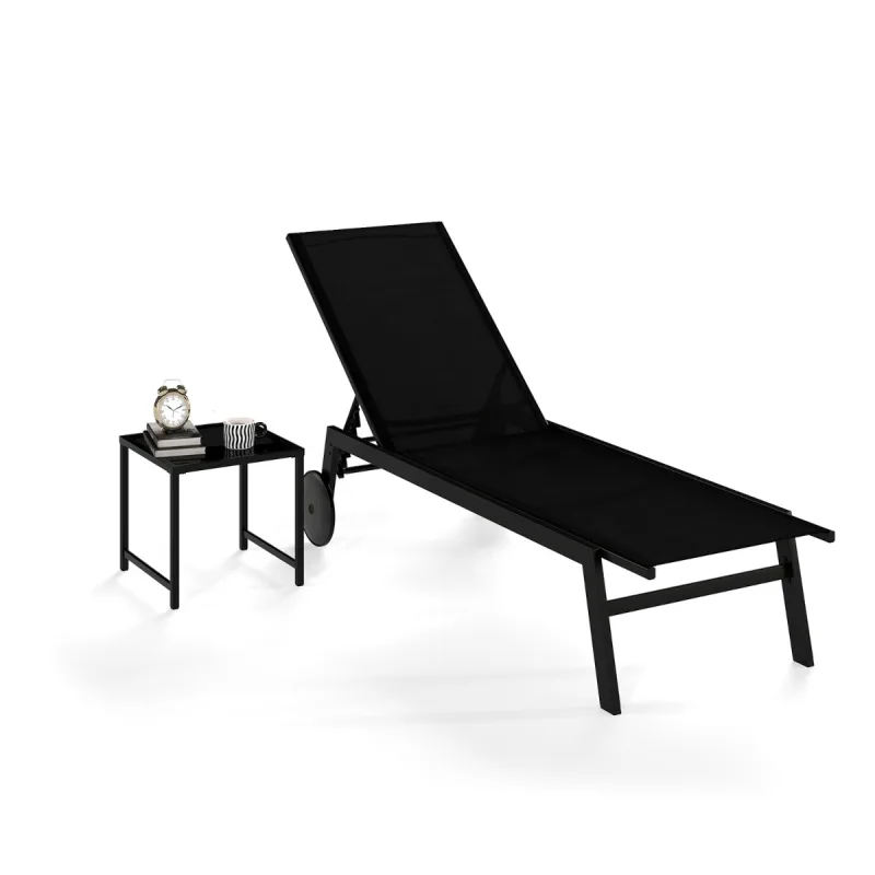 Costway Conjunto 2 Piezas Tumbonas Patio Sillón Reclinable Tela Transpirable Mesa Cristal Templado Respaldo Ajustable Ruedas Exterior Negro