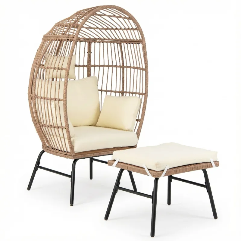 Costway Silla Huevo Ratán PE Otomana Asiento Interior Exterior Cojines Almohadas Reposapiés Extragrande Balcón Piscina Porche Sala Marrón Mixto
