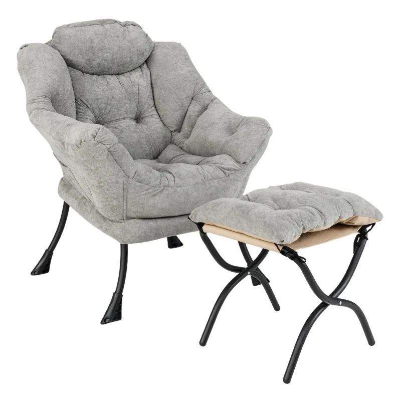 Costway Silla Perezosa con Otomana Sillón de Acento de Lectura Tapizado Sherpa de Gran Tamaño con Reposapiés Plegable para Salón Dormitorio Gris