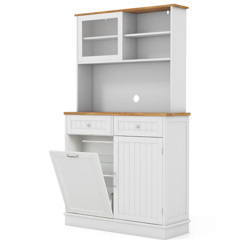 Costway Armario de Basura con Puerta Abatible Doble Armario de Almacenaje de Cocina con Encimera de Madera de Caucho Cubo de Basura de 38 L Blanco