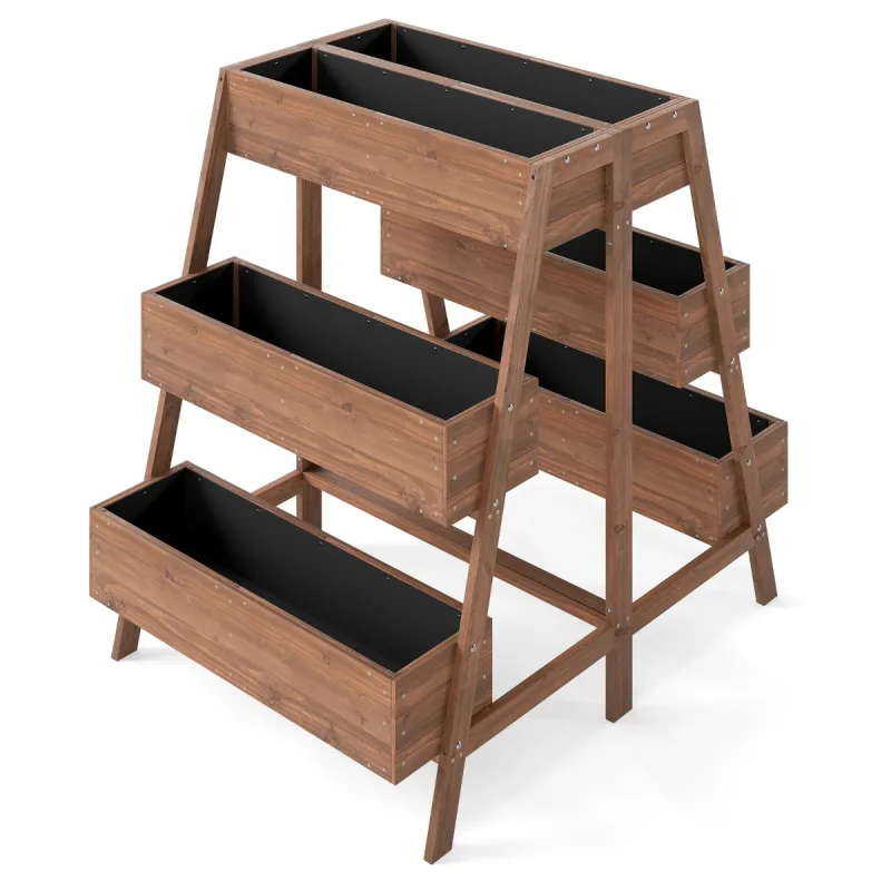 Costway Cama de Jardín Elevada de Varios Niveles de Madera con Base de Listones y Forro Negro para Interior y Exterior Marrón