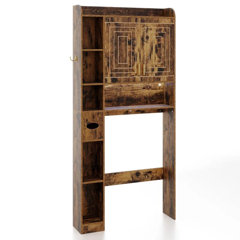 Costway Estante para Inodoro Independiente con Armario 2 Puertas 6 Compartimentos Portapañuelos Gancho y Estante Ajustable para Baño Marrón