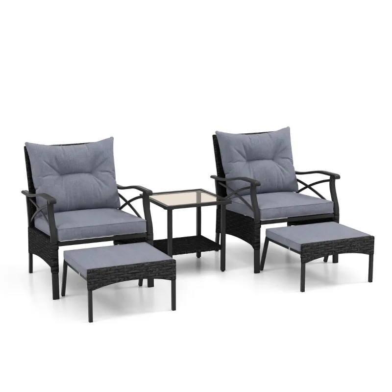 Costway Juego de Muebles de Mimbre de 5 Piezas con Otomanas Cojines Mesa Auxiliar de Vidrio Templado de 2 Niveles para Jardín Porche Negro y Gris Oscuro