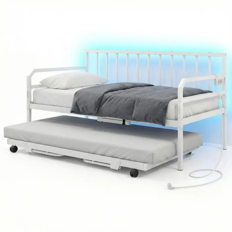 Costway Sofá Cama Individual con Luces LED Base Metálica y Cama Nido Extraíble Estación de Carga Incorporada Blanco