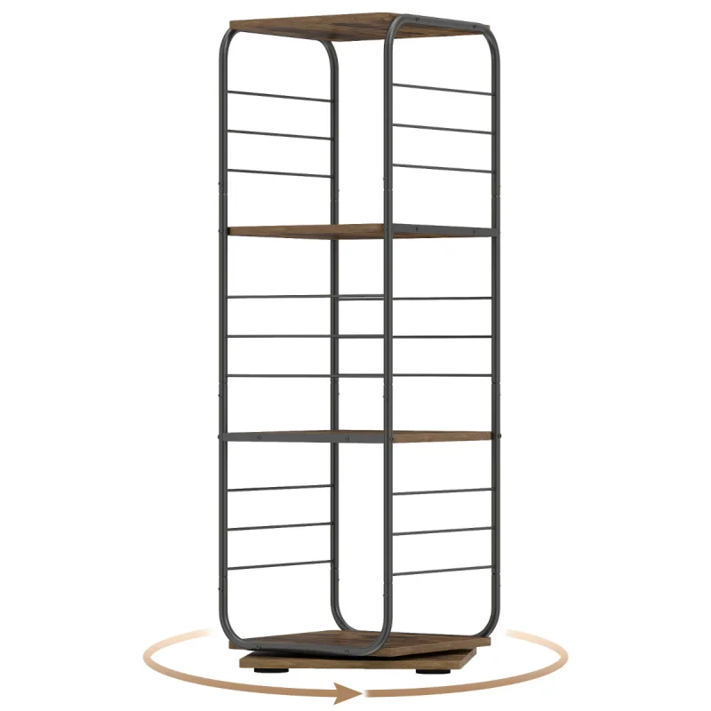 Costway Estantería Giratoria de 4 Niveles Torre 360° con Estructura Metálica Ahorra Espacio Esquinera Estante para 70 Discos para Oficina Salón Marrón