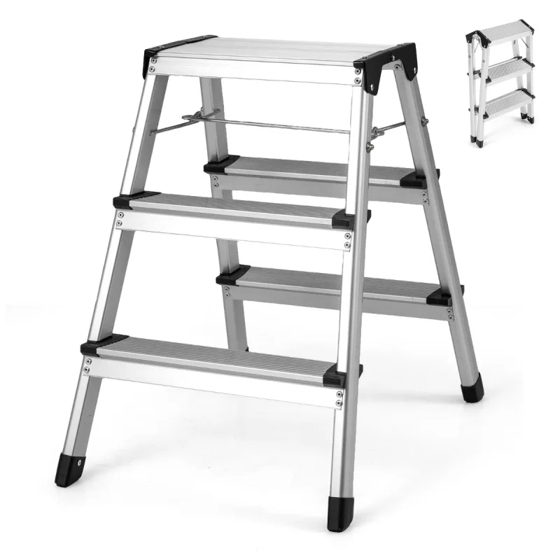 Costway Escalera 3 Pasos Plegable Aluminio Pedal Ancho Antideslizantes Portátil Hogar Cocina Garaje RV Carga 150kg