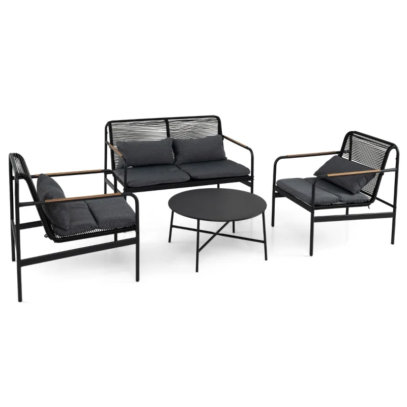 Costway Juego Muebles Patio 4 Piezas Exterior Mimbre Estructura Metálica Cojines Ratán PE 2 Sillones con Mesa Porche Jardín Balcón Negro