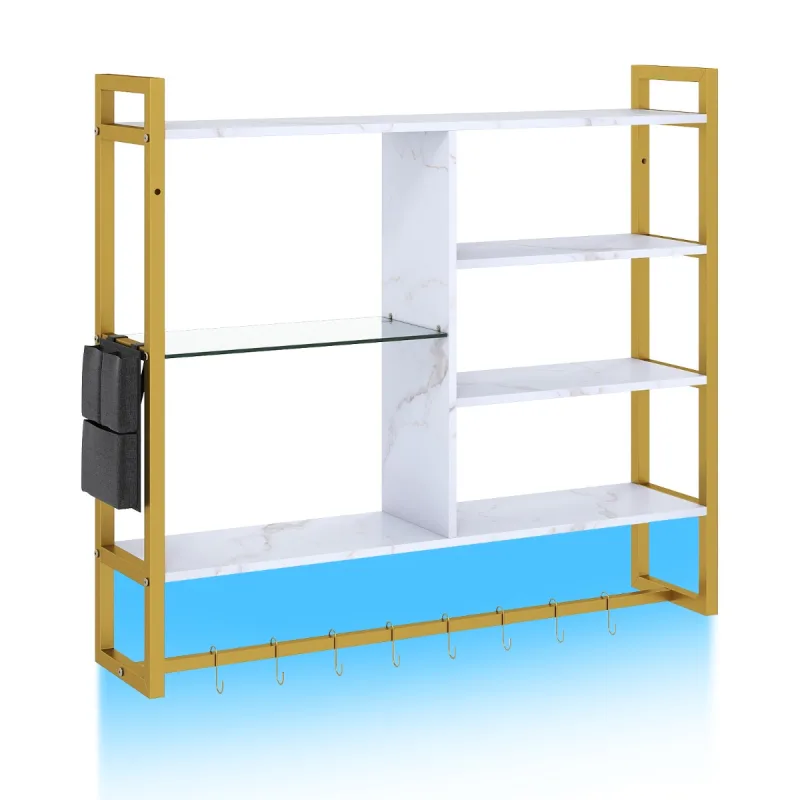 Costway Estantes Flotantes Modernos 107cm Luces LED Control Remoto App 6 Niveles 8 Ganchos S Bolsillo Lateral para Cocina Bar Hogar Blanco