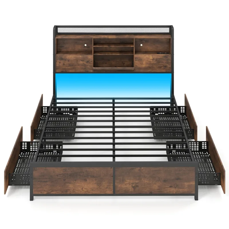 Costway Estructura Cama Plataforma Industrial Luces LED Carga Cabecero 4 Cajones Base Metálica Listones No Necesita Somier 200x160 cm