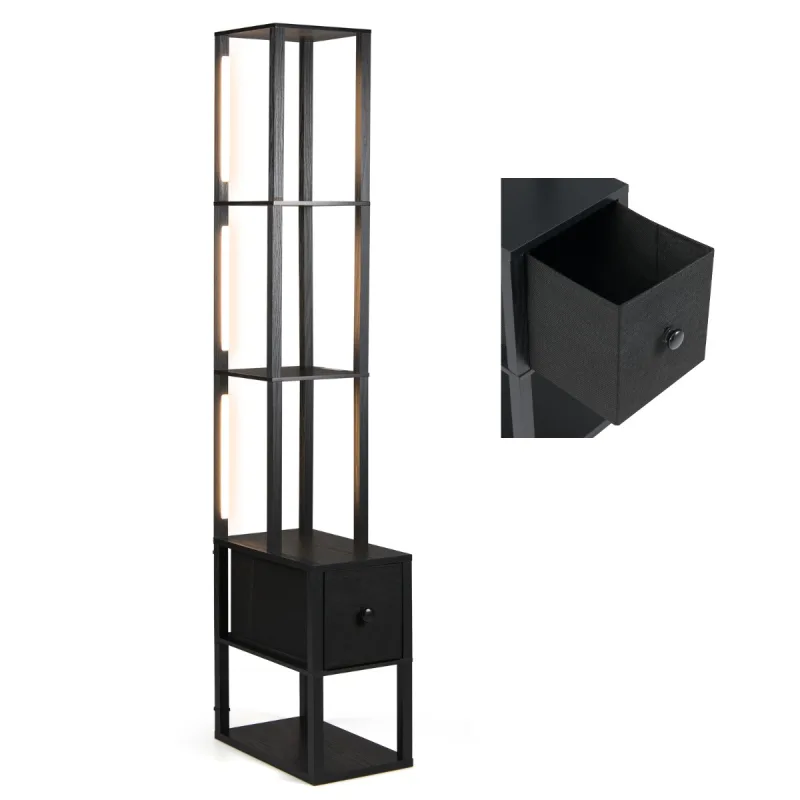 Costway Lámpara de Pie Moderna con Estantes y Cajón Mesa Auxiliar Brillo Ajustable para Sala Estar Dormitorio Oficina Hogar