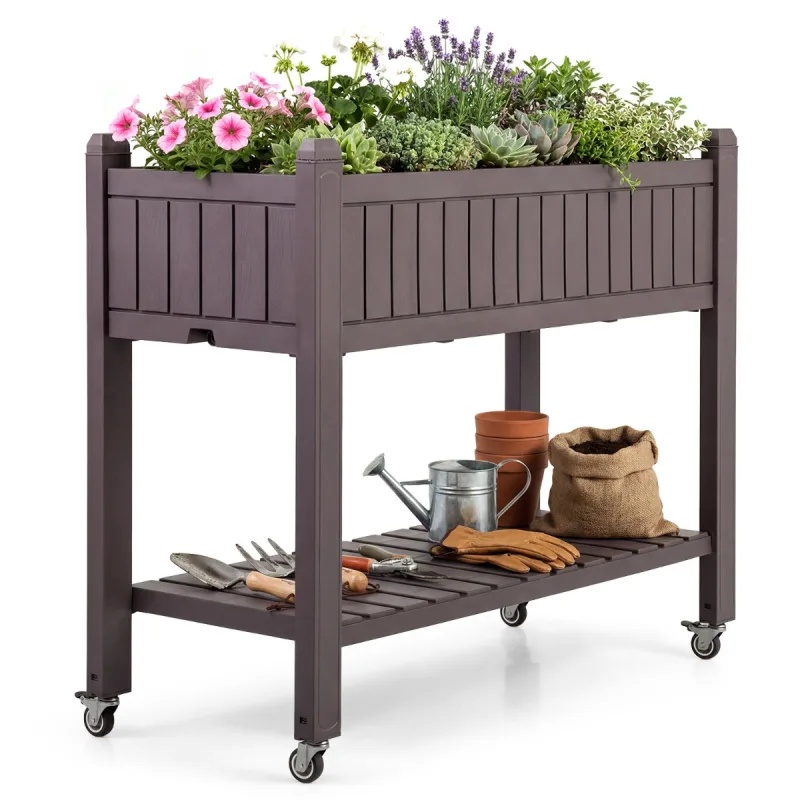 Costway Cama Jardín Elevada con Ruedas Divisible con Monitor Agua Orificio Drenaje Estante para Verduras Hierbas Exterior Marrón