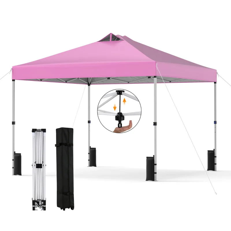 Costway Toldo Plegable Montaje Instantáneo con 1 Botón para 1 Persona Marzo Resistente Techo Plateado Gazebo Portátil con Ruedas para Camping Rosa