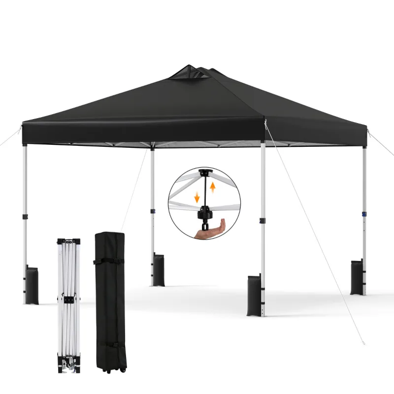 Costway Toldo Plegable Montaje Instantáneo con 1 Botón para 1 Persona Marzo Resistente Techo Plateado Gazebo Portátil con Ruedas para Camping Negro