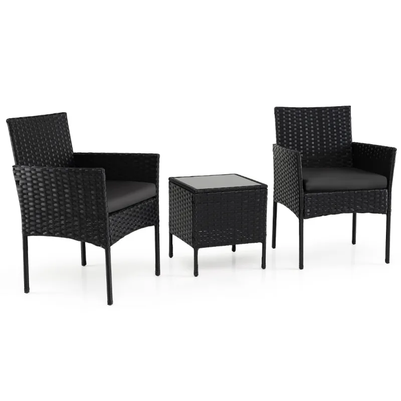 Costway Conjunto de Muebles de Jardín de 3 Piezas Juego de Conversación de Ratán con 2 Sillas Mesa Auxiliar de Vidrio para Terraza Patio Balcón Negro