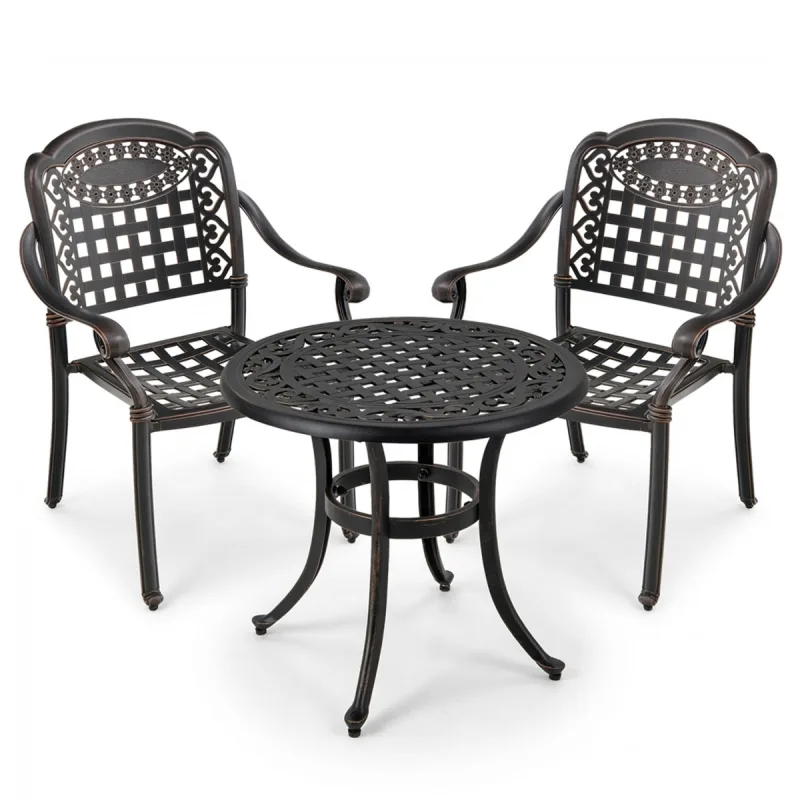 Costway Set de 2 Sillas de Aluminio Fundido Apilables con Apoyabrazos y Mesa Auxiliar Redonda para Exterior Jardín Terraza Bronce