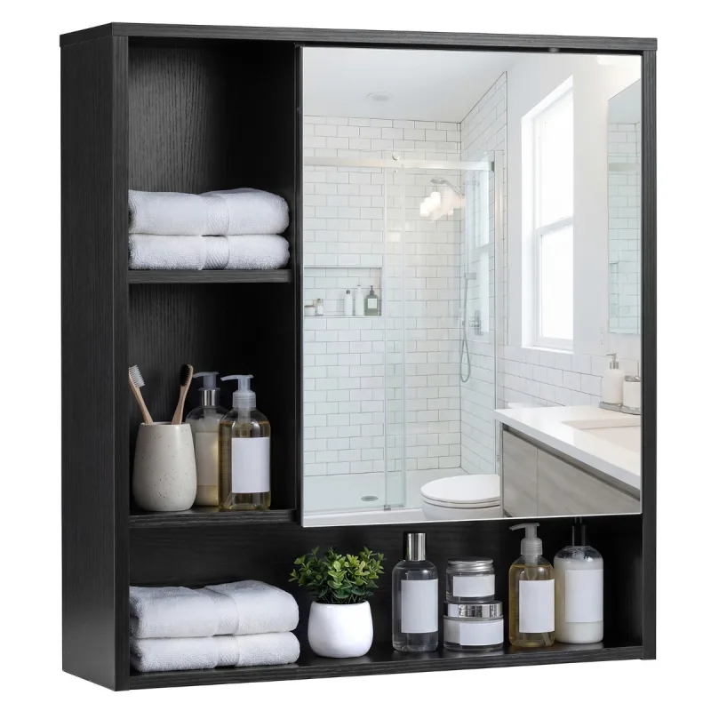 Costway Armario de Espejo para Pared de Baño con Puerta y 3 Estantes Abiertos Empotrado de Madera para Lavandería Entrada Negro