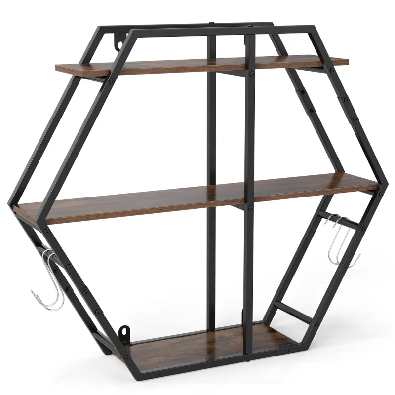 Costway Estantes Hexagonales de Pared Industriales 3 Niveles Flotantes con Ganchos Metal y Madera para Dormitorio Sala de Estar Café