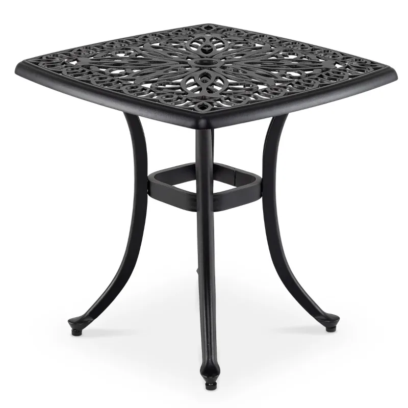 Costway Mesa Auxiliar Exterior Aluminio Fundido Todo Clima con Orificio Sombrilla Mesita Café Cuadrada Antióxido Jardín Porche Balcón Negro