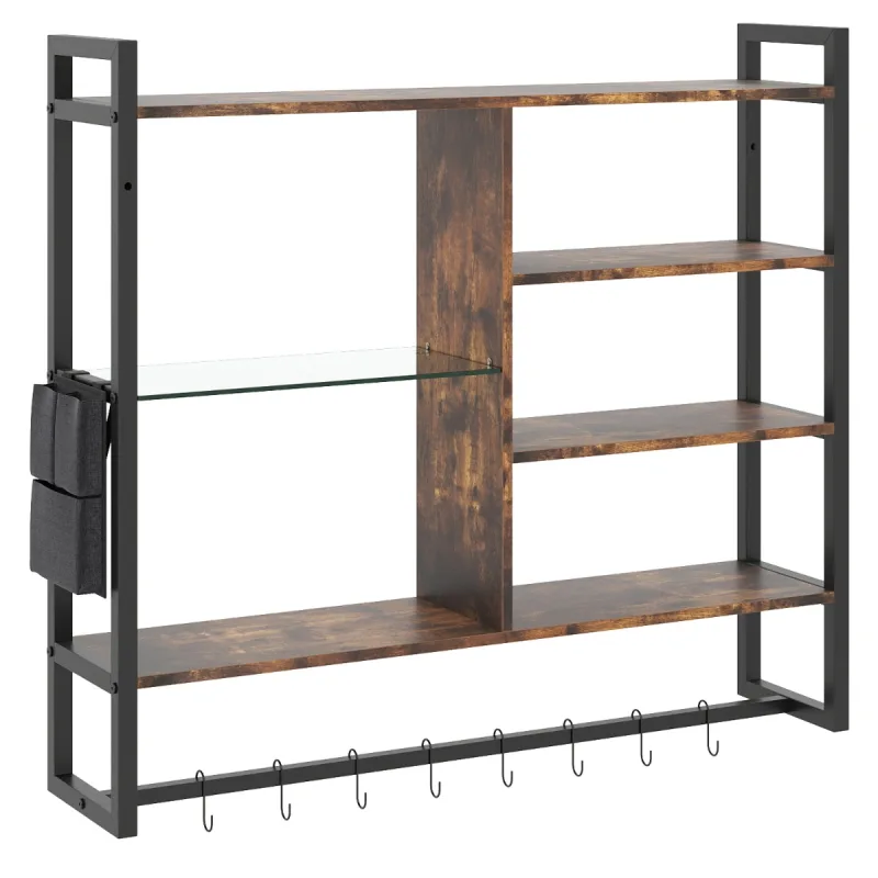 Costway Estantes Flotantes Industriales 107cm 6 Niveles 8 Ganchos S Bolsillo Lateral para Cocina Bar Hogar Negro