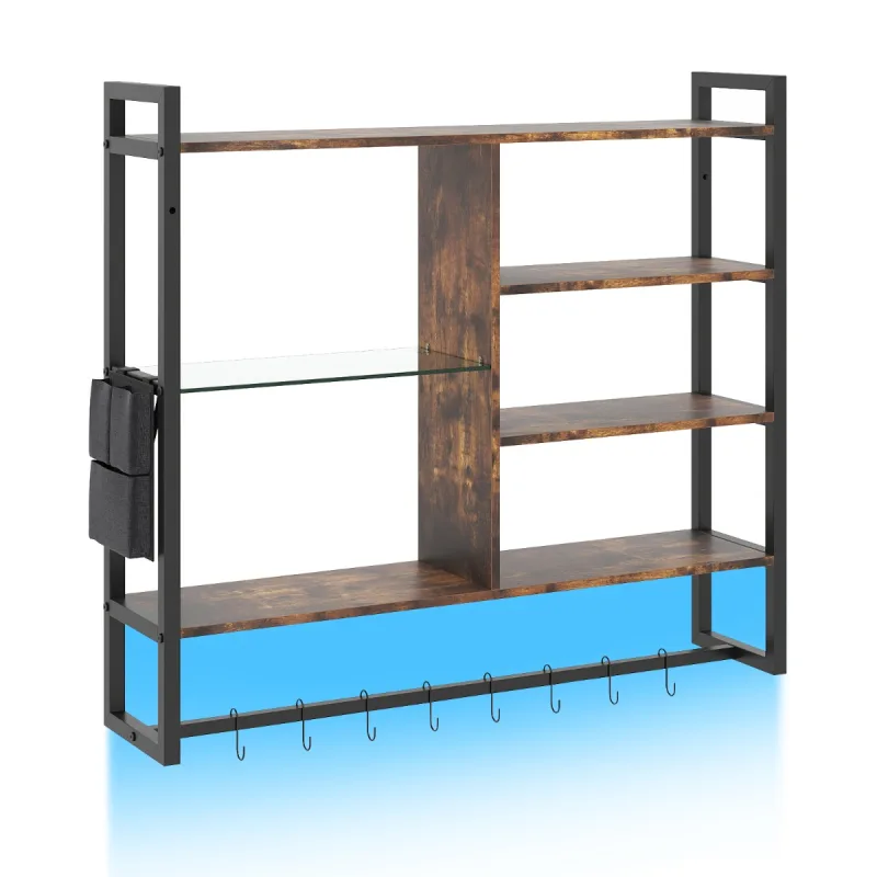 Costway Estantes Flotantes Industriales 107cm Luces LED Control Remoto App 6 Niveles 8 Ganchos S Bolsillo Lateral para Cocina Bar Hogar Negro