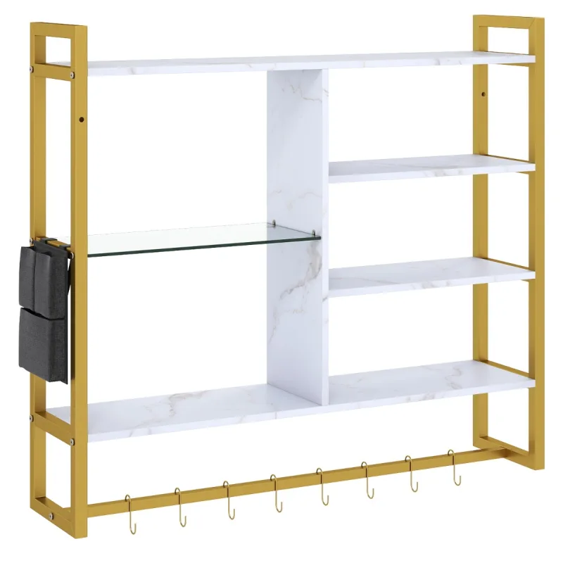 Costway Estantes Flotantes Modernos 107cm 6 Niveles 8 Ganchos S Bolsillo Lateral para Cocina Bar Hogar Blanco